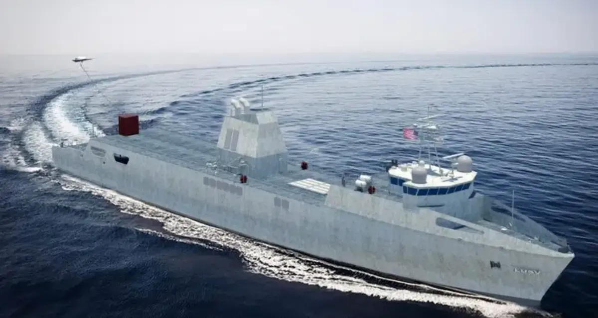 Austal’s Large Unmanned Surface Vessel (LUSV) showing an optionally-manned bridge, VLS cells and engine funnels amidships, and plenty of free deck space with a tethered UAS at the rear. The LUSV is meant to be the U.S. Navy’s adjunct missile magazine. Austal picture.