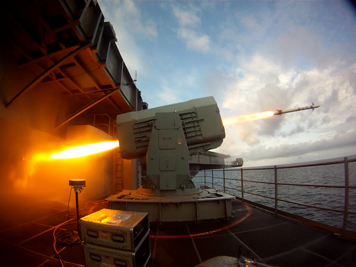 The aircraft carrier USS Theodore Roosevelt launches a Rolling Airframe Missile (RAM)