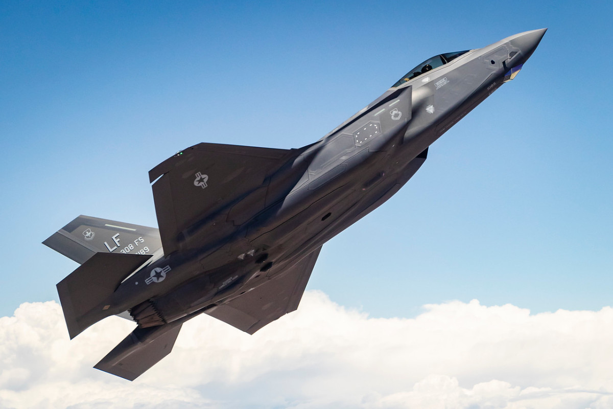 An F-35A from the 62nd Fighter Squadron at Luke Air Force Base flies an aerial mission on May 8, 2019.