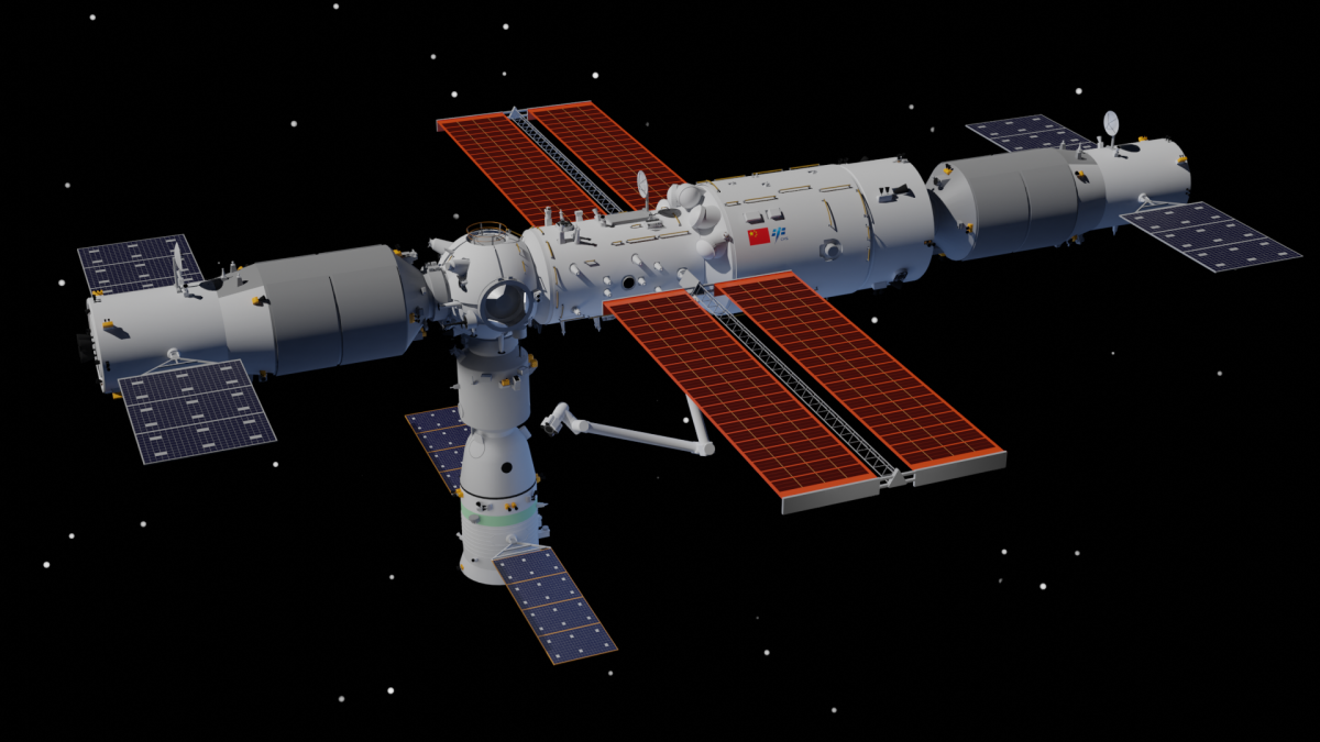 Rendering of Tiangong Space Station in October 2021, with Tianhe core module in the middle, Tianzhou-2 cargo spacecraft on the left, Tianzhou-3 cargo spacecraft on the right, and Shenzhou-13 crewed spacecraft at nadir.