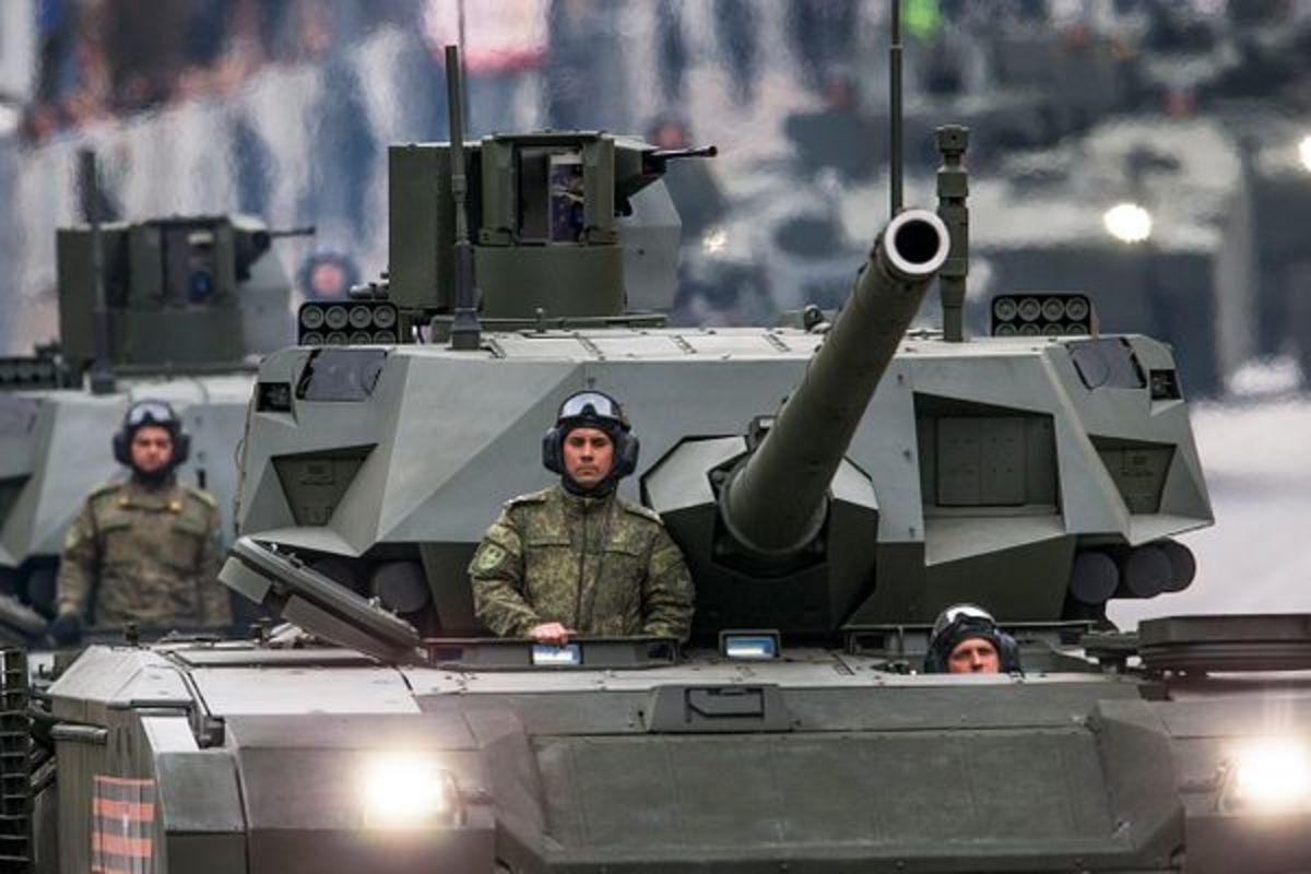 Russian T-14 Armata tanks make their way to Red Square during a rehearsal for the Victory Day military parade