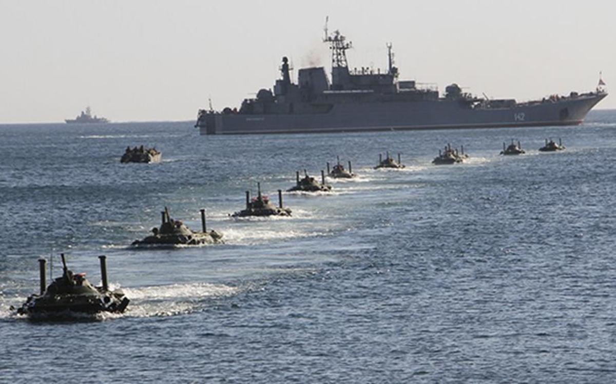 (File) Russian Black Sea Fleet landing craft approach Crimea during an exercise Sept. 11, 2012, about two years before Russia took the peninsula from Ukraine. Russia now has launched an amphibious assault along Ukraine's eastern shore, a senior U.S. defense official said Feb. 25, 2022. (Russian Defense Ministry)