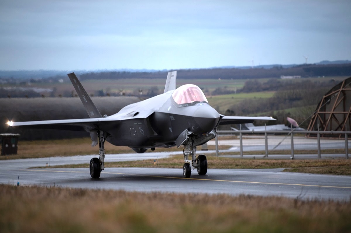 A U.S. Air Force F-35A Lightning II from the 34th Fighter Squadron at Hill Air Force Base, Utah, taxis to an aircraft shelter on Spangdahlem Air Base, Germany, Feb. 16, 2022. The aircraft are equipped for a variety of missions to deter aggression and defend allies should deterrence fail. (U.S. Air Force photo by Tech. Sgt. Maeson L. Elleman)