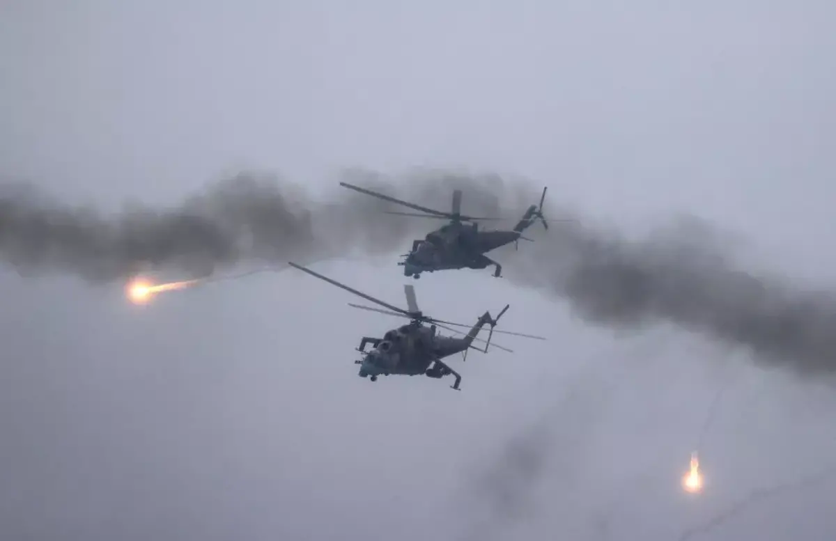 A video is making its rounds on social media that shows an alleged downed Russian helicopter in Ukraine. Here, helicopters fire during joint exercises of the armed forces of Russia and Belarus as part of an inspection of the Union State's Response Force.