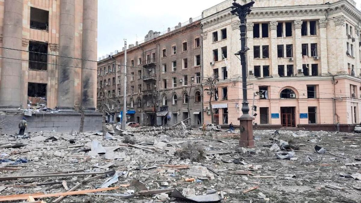 A view shows the area near the regional administration building, which was hit by a missile according to city officials, in Kharkiv, Ukraine, in this handout picture released March 1, 2022. Press service of the Ukrainian State Emergency Service/Handout via REUTERS