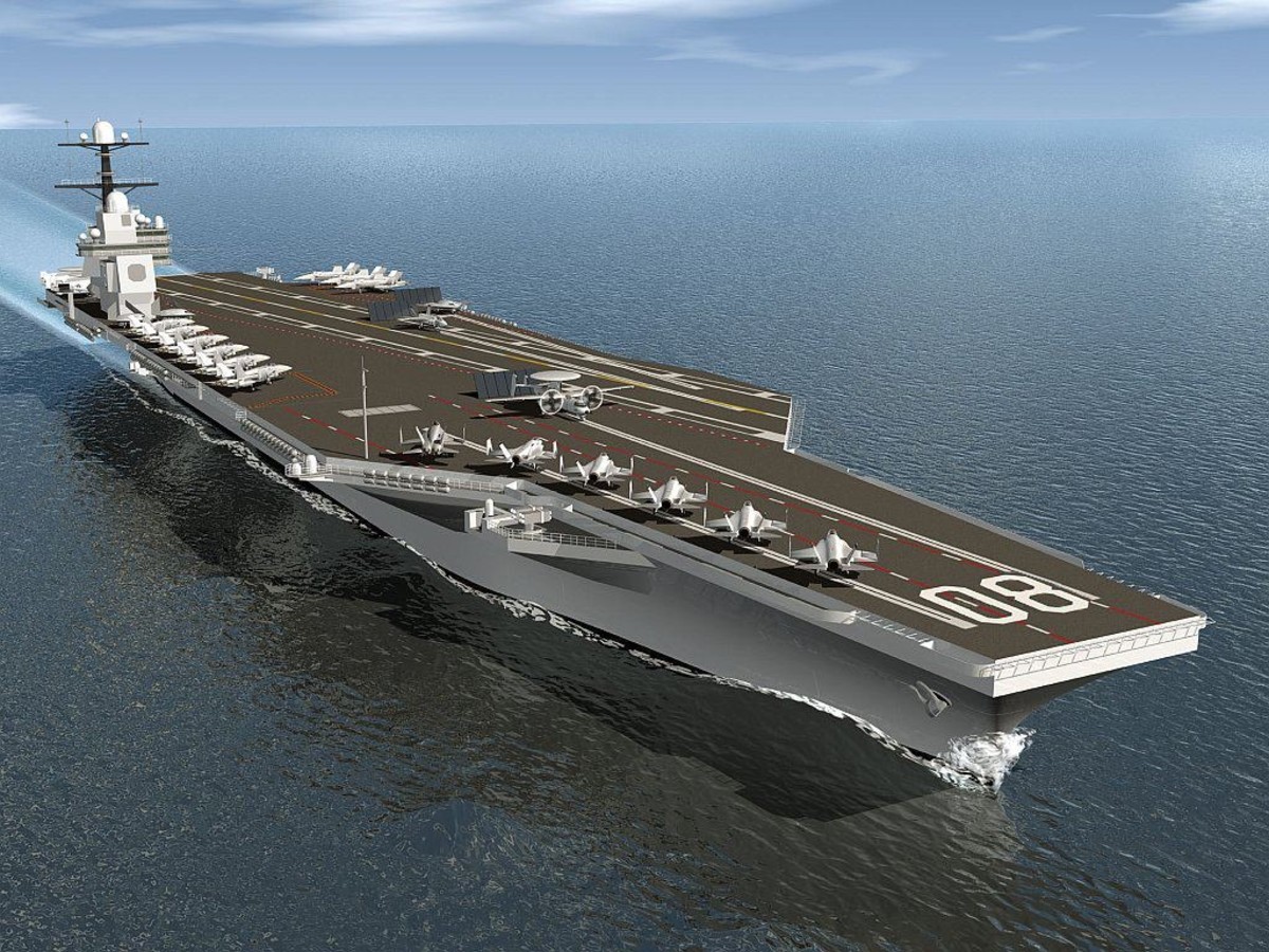 A graphic showing what the future USS ENTERPRISE (CVN 80) is expected to look like when she joins the fleet after 2025. The aircraft are F-35C Lightning II Joint Strike Fighters, F/A-18 E and F Super Hornet strike fighters, E-2D Hawkeye electronic warfare planes, and an unmanned strike jet modeled on the X-47B sitting on the No. 4 catapult.