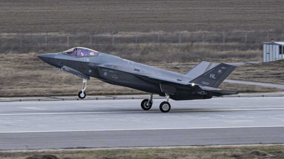 Two U.S. Air Force F-35 Lightning II aircraft assigned to the 34th Fighter Squadron at Hill Air Force Base, Utah, land at the 86th Air Base, Romania, Feb. 24, 2022. Aircraft and crews will work closely with Allies in the Black Sea region to reinforce regional security during the current tensions caused by Russia's continuing military build-up near Ukraine. (U.S. Air Force photo by Senior Airman Ali Stewart)