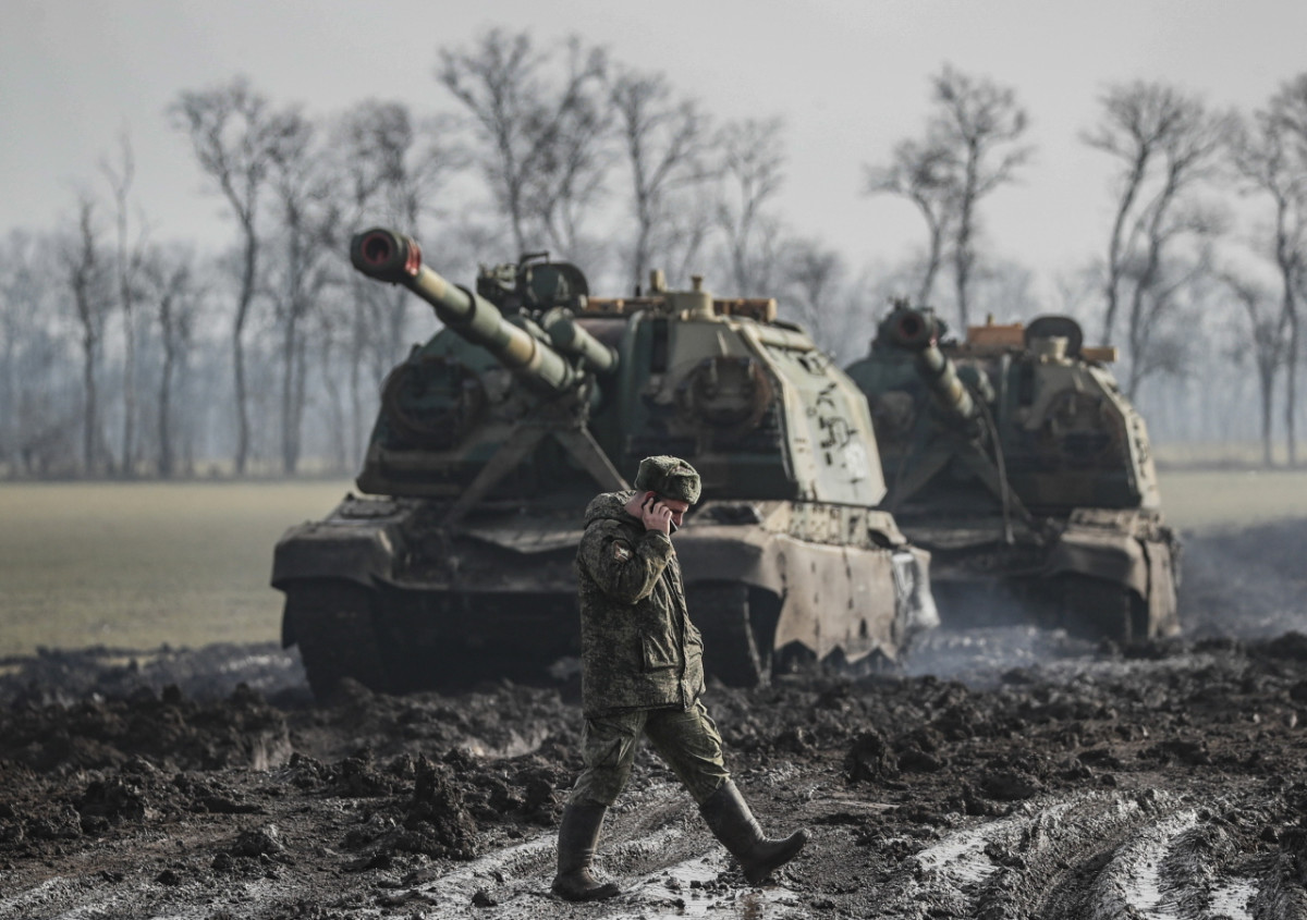 Russian armoured vehicles stand on the road in Rostov region, Russia