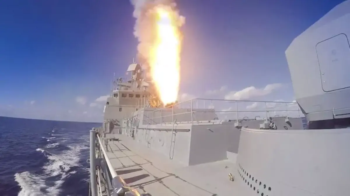 Russian navy frigate Admiral Grigorovich fires a Kalibr cruise missile from the Mediterranean Sea toward ISIS targets in Syria, November 15, 2016. Moscow was reportedly looking to double the precision weapon's range, giving it the ability to deliver a nuclear or conventional strike up to 3,000 miles away.