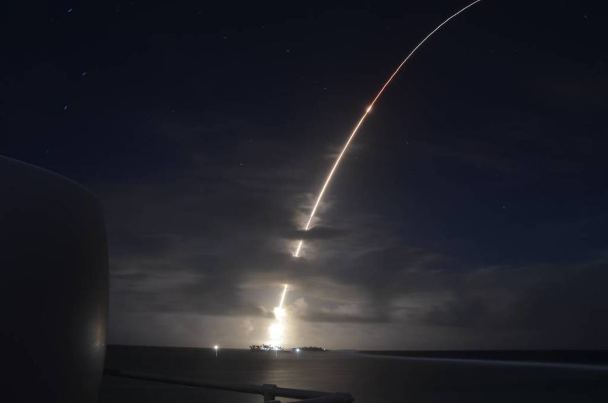A threat-representative ICBM target launches from the Ronald Reagan Ballistic Missile Defense Test Site on Kwajalein Atoll in the Republic of the Marshall Islands on March 25, 2019. It was successfully intercepted by two long-range Ground-based Interceptors launched from Vandenberg Air Force Base, Calif. (Courtesy of the U.S. Missile Defense Agency)