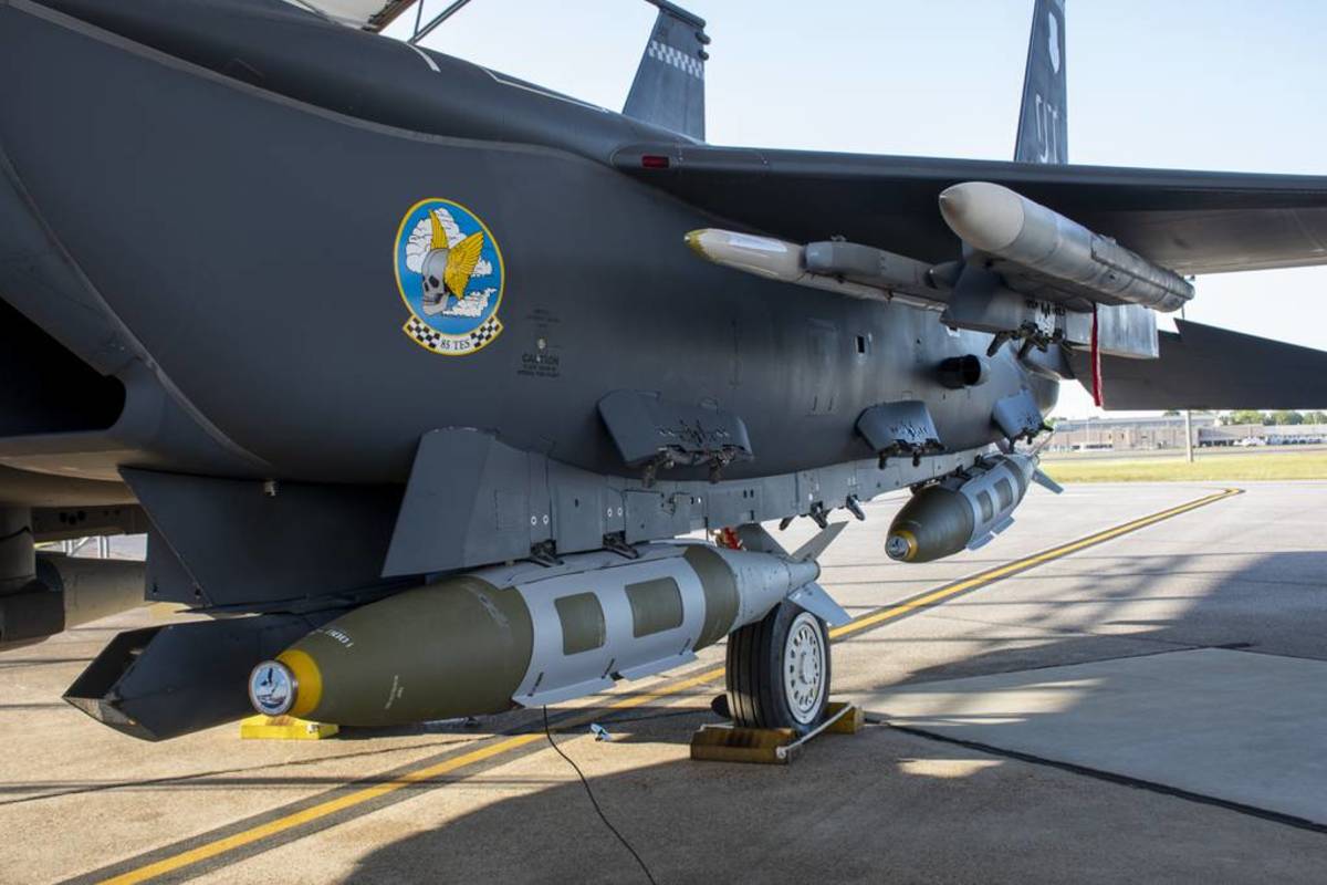 The Air Force on April 28 destroyed a full-scale target vessel in the Gulf of Mexico with a guided bomb that had been modified to strike a ship at sea. The QUICKSINK weapon, a modified GBU-31 joint direct attack munition, was developed by the Air Force Research Laboratory and launched from an F-15E Strike Eagle from Eglin Air Force Base in Florida. (1st Lt. Lindsey Heflin/Air Force)