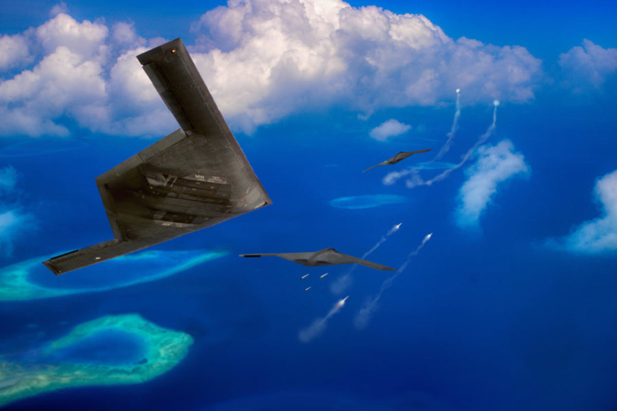 A notional formation of Air Force B-21 bombers fires AGM-183A hypersonic missiles over the Pacific Ocean. Illustration