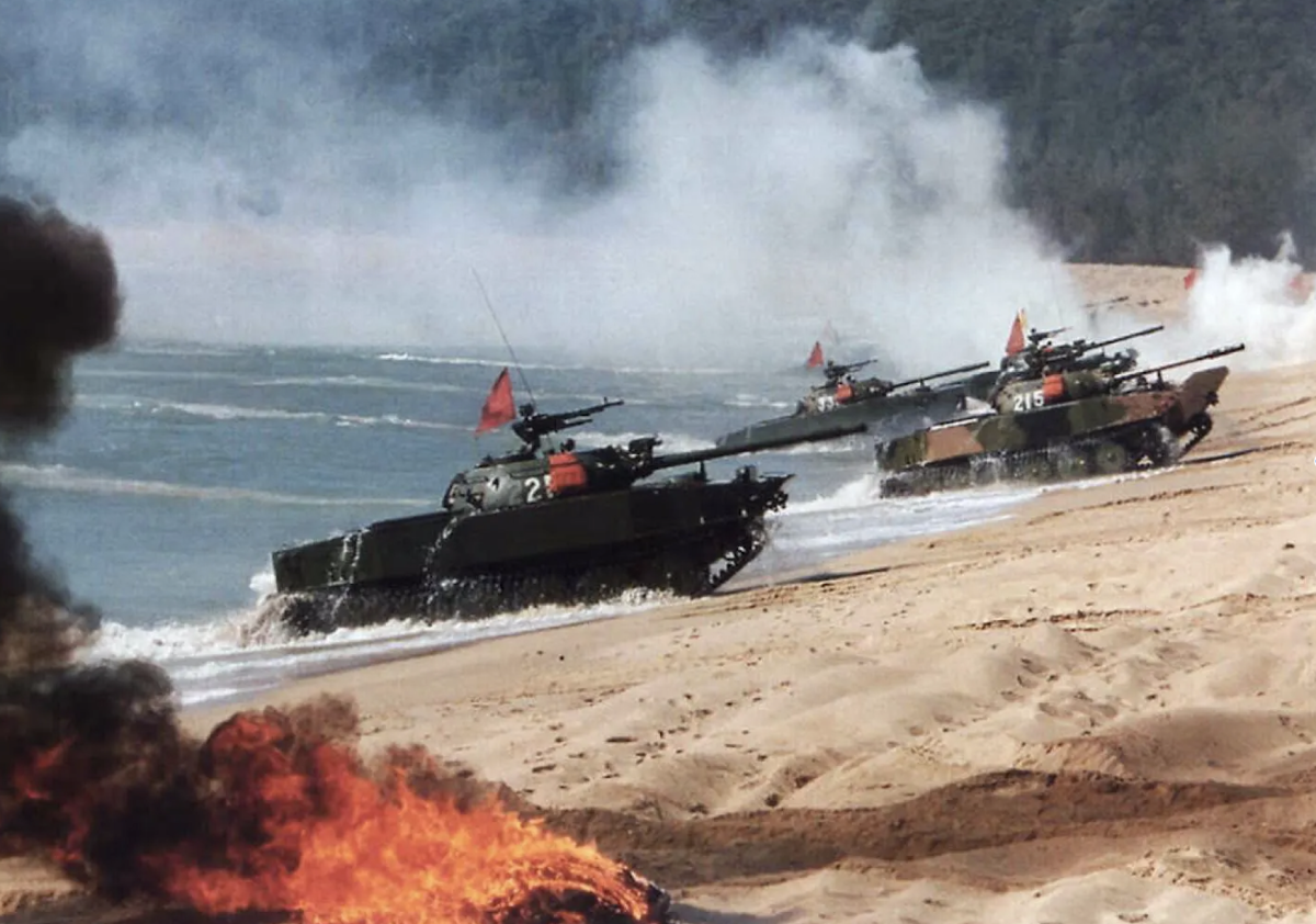 People's Liberation Army (PLA) amphibious tanks assault a beach during an exercise conducted on an island off the southeastern province of Fujian across from Taiwan in a file photo. 