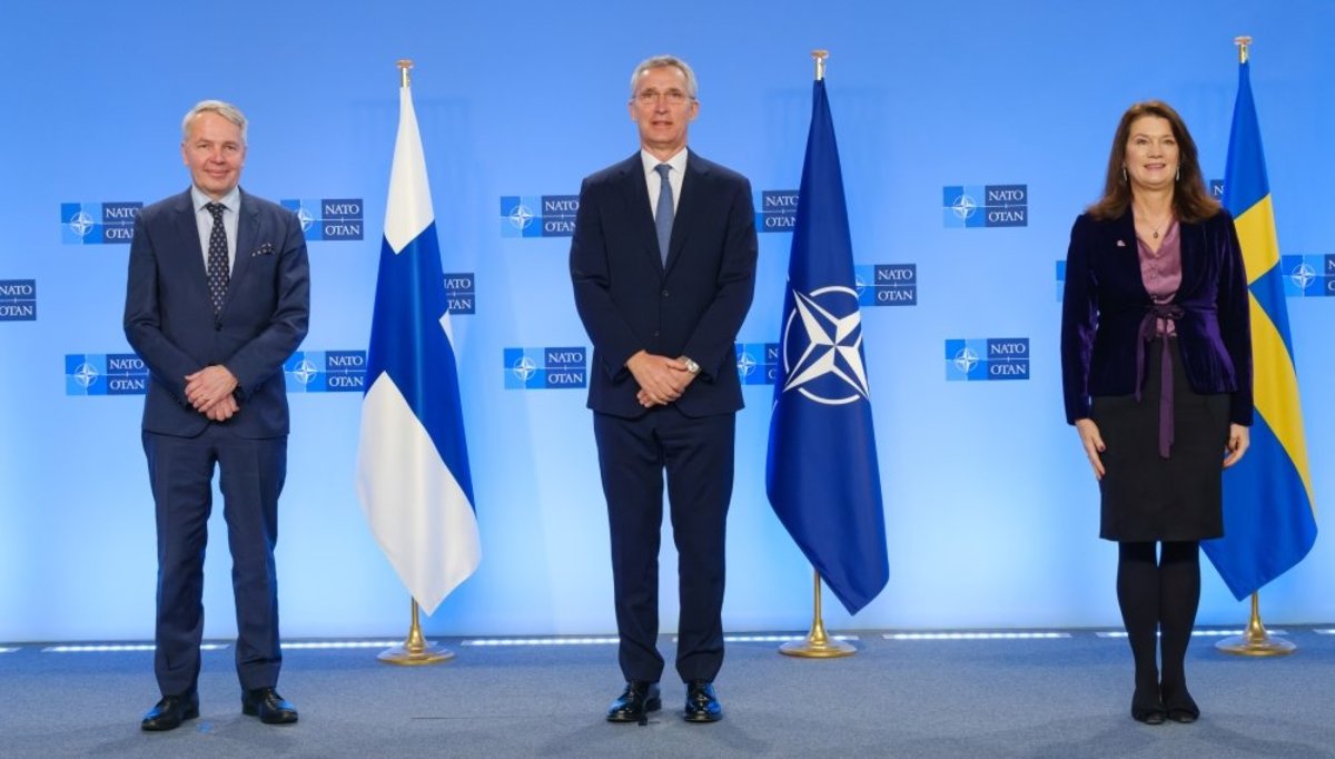 NATO Secretary General Jens Stoltenberg with the Minister for Foreign Affairs of Finland, Pekka Haavisto and the Minister of Foreign Affairs of Sweden, Ann Linde