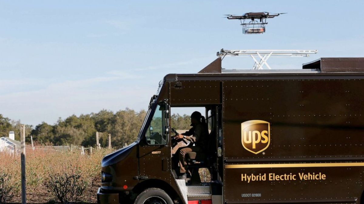 A drone demonstrates delivery capabilities from the top of a UPS truck during testing in Lithia, Florida, Feb. 20, 2017.