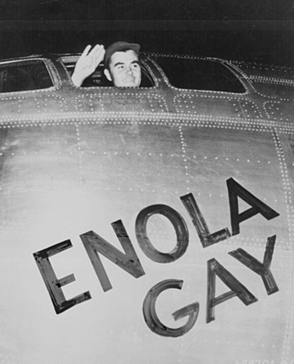 Paul Tibbets waving from the Enola Gay's cockpit before taking off for the bombing of Hiroshima