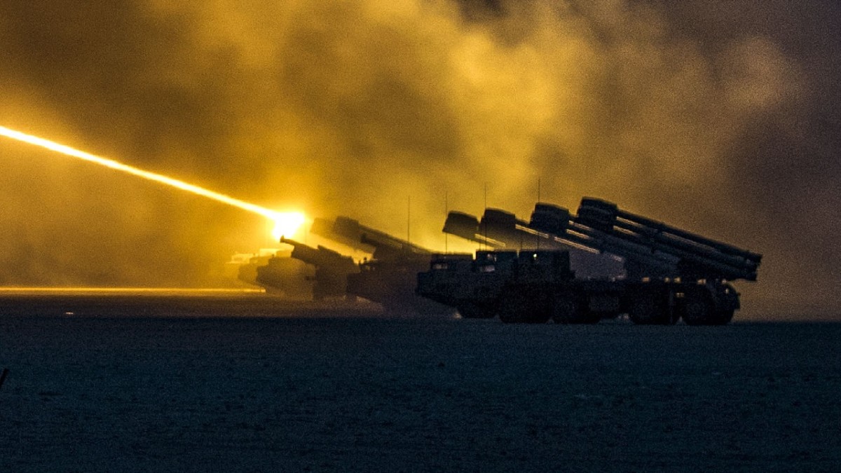 U.S. Soldiers assigned to the 65th Field Artillery Brigade, and soldiers from the Kuwait Land Forces fire their High Mobility Artillery Rocket Systems (U.S.) and BM-30 Smerch rocket systems (Kuwait) during a joint live-fire exercise, Jan. 8, 2019, near Camp Buehring, Kuwait. The U.S. and Kuwaiti forces train together frequently to maintain a high level of combat readiness and to maintain effective communication between the two forces.