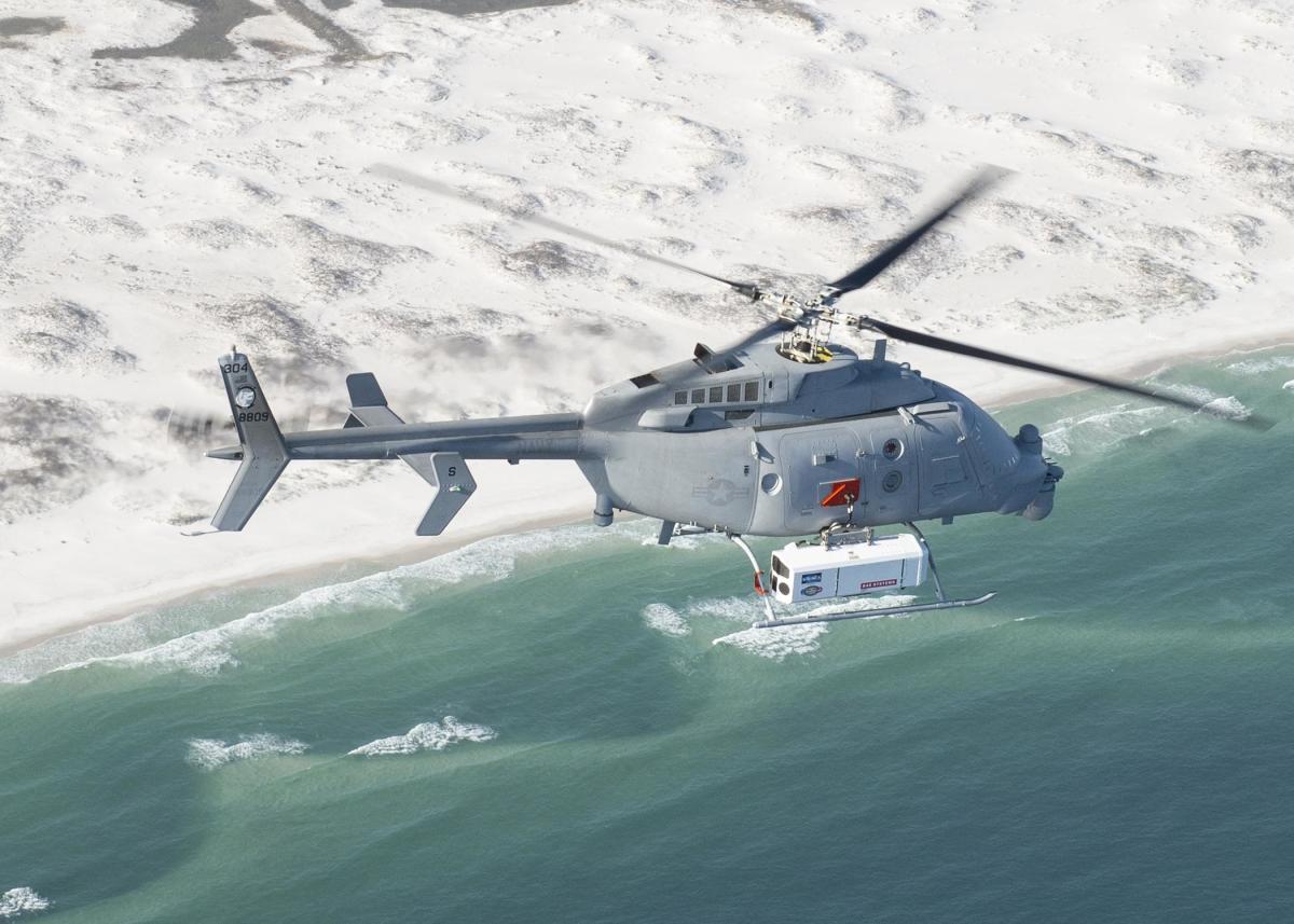 MQ-8C Fire Scout demonstrates a new mine countermeasure (MCM) prototype technology in May 2022 at Eglin Air Force Base, Florida, proving a capability that could allow the warfighter to rapidly detect and respond to threats.