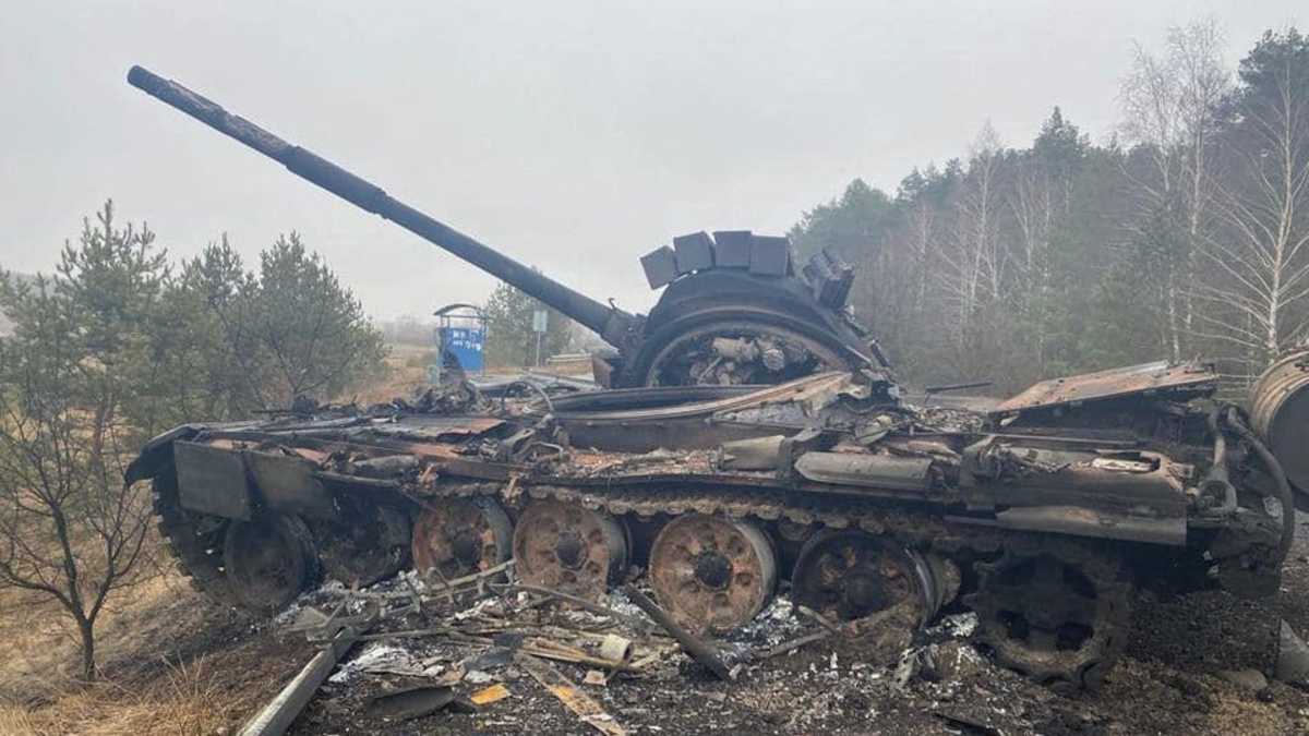 A destroyed Russian tank