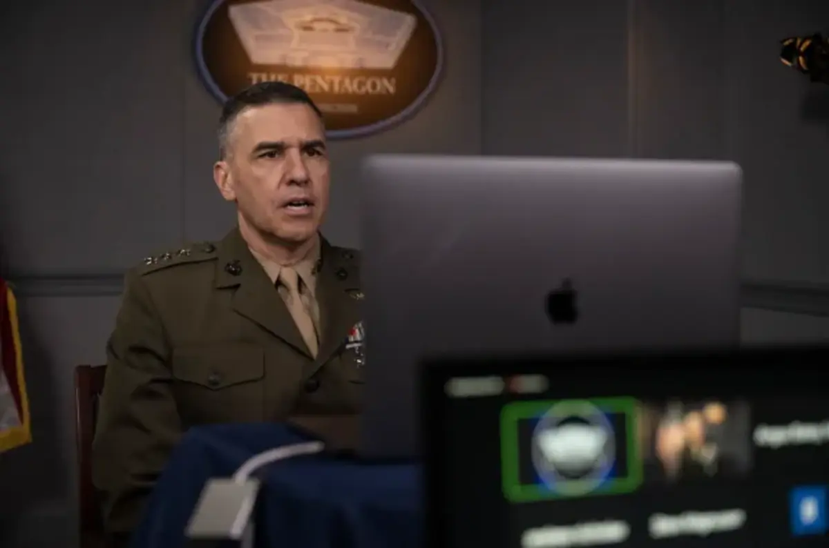 Marine Corps Lt. Gen. Dennis Crall, Joint Staff Chief Information Officer and Director for Command, Control and Computer/Cyber, gives opening remarks to press members during a briefing on the Joint All-Domain Command and Control implementation plan, at the Pentagon, Washington, D.C., March 18, 2022.